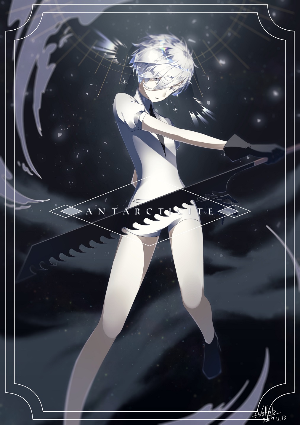 androgynous antarcticite black_gloves black_neckwear character_name collared_shirt dated gem_uniform_(houseki_no_kuni) gloves hair_between_eyes highres holding holding_sword holding_weapon houseki_no_kuni nallck_6v6_(nothy-nn) necktie shiny shiny_hair shirt short_hair shorts signature silver_eyes solo sparkle sword uniform weapon white_hair white_shirt white_shorts