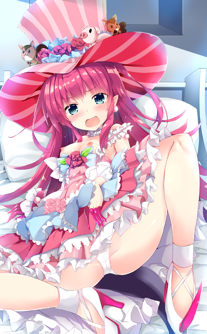 :o bare_shoulders blue_eyes blush breasts cameltoe dress dress_pull elizabeth_bathory_(fate) elizabeth_bathory_(fate)_(all) embarrassed fate/grand_order fate_(series) flower frilled_dress frills hat hat_flower high_heels idol long_hair looking_at_viewer lying maruchan. nipples on_back on_bed panties partially_visible_vulva pink_dress pink_flower pink_hair pink_hat pink_rose rose small_breasts solo strap_slip striped_hat stuffed_animal stuffed_toy tail underwear white_panties