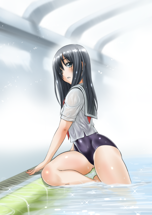 black_hair chaborin cowboy_shot green_eyes grey_sailor_collar hair_over_one_eye indoors long_hair neckerchief no_pants original pool red_neckwear sailor_collar school_swimsuit school_uniform serafuku solo swimsuit water wet wet_clothes wet_swimsuit