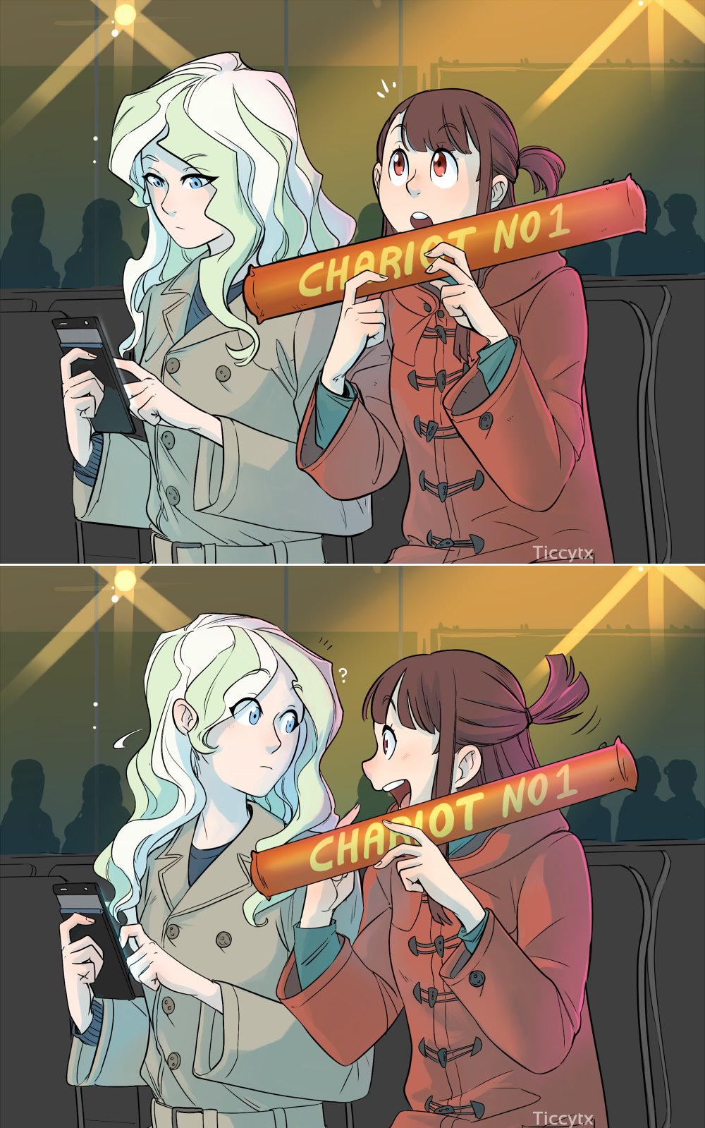 2girls :d :o arena artist_name bangs blonde_hair blue_eyes brown_hair buttons cellphone chair closed_mouth coat commentary diana_cavendish double-breasted eye_contact eyebrows_visible_through_hair eyelashes frown half_updo highres holding holding_phone hooded_coat kagari_atsuko little_witch_academia long_hair long_sleeves looking_at_another looking_at_phone looking_to_the_side looking_up multiple_girls open_mouth parody phone pointing pointing_at_self red_coat red_eyes sidelocks silhouette smile stage_lights ticcy toggles upper_body wavy_hair