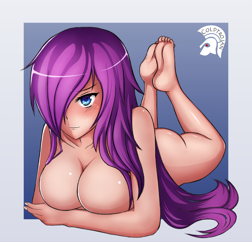 1girl blue_eyes breasts cleavage closed_mouth coldtrojan hair_over_one_eye large_breasts laying_down looking_at_viewer nude patreon purple_hair shiny shiny_skin solo watermark