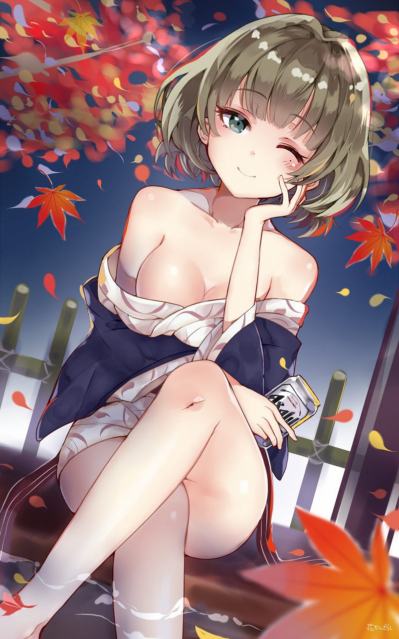 asahi_breweries autumn_leaves bare_shoulders beer_can blurry blush bob_cut breasts brown_hair can closed_mouth collarbone commentary_request crossed_legs depth_of_field dutch_angle green_eyes hanakanzarashi highres holding holding_can idolmaster idolmaster_cinderella_girls japanese_clothes kimono leaf looking_at_viewer maple_leaf medium_breasts mole mole_under_eye one_eye_closed short_hair smile soaking_feet solo takagaki_kaede white_kimono