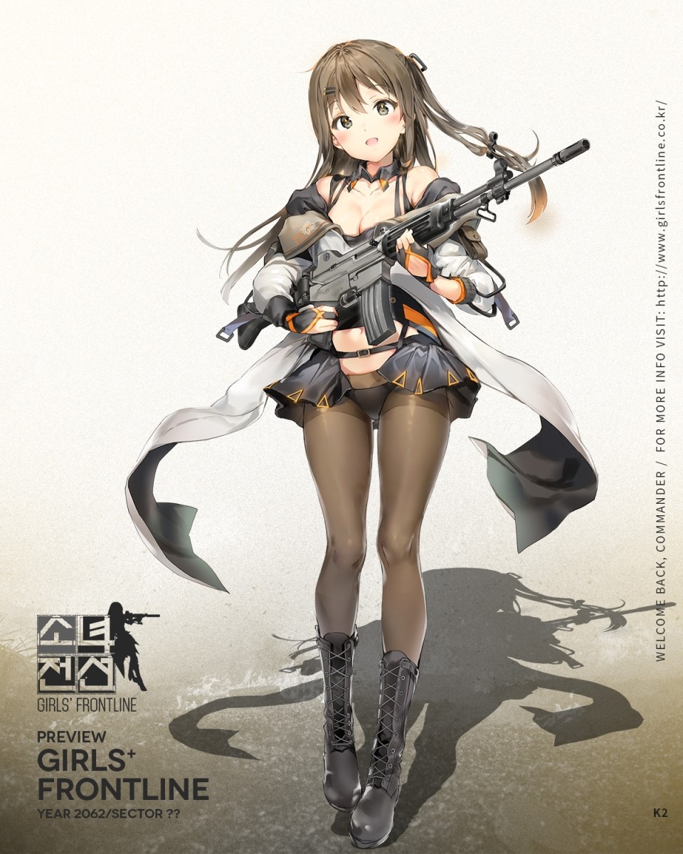 anmi assault_rifle bangs bare_shoulders black_panties blush boots breasts brown_eyes brown_hair character_name cleavage collarbone copyright_name cross-laced_footwear daewoo_k2 eyebrows_visible_through_hair fingerless_gloves full_body girls_frontline gloves gun hair_ornament hairclip highres holding jacket k-2_(girls_frontline) knee_boots korean lace-up_boots logo long_hair looking_at_viewer medium_breasts navel official_art open_mouth panties pantyhose rifle shadow smile solo standing underwear watermark weapon web_address