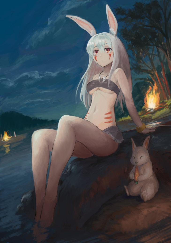 animal_ears bandeau breasts bunny bunny_ears carrot cloud eating facial_mark fire jewelry looking_up medium_breasts microskirt necklace night original outdoors red_eyes sitting skirt sky soaking_feet solo_focus tree underboob water white_hair yagihachi