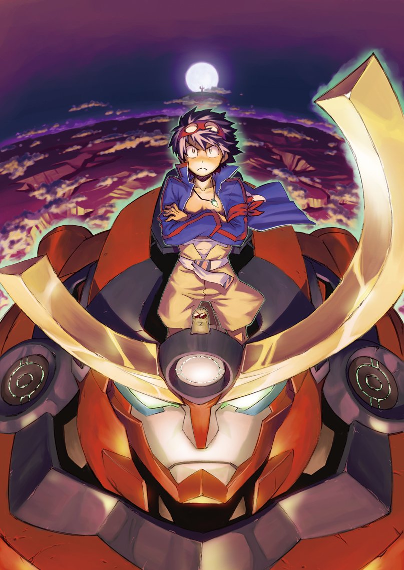 boota crossed_arms frown goggles goggles_on_head gunbuster_pose gurren-lagann mecha moon mori_kotarou on_mecha shorts simon standing tengen_toppa_gurren_lagann wind