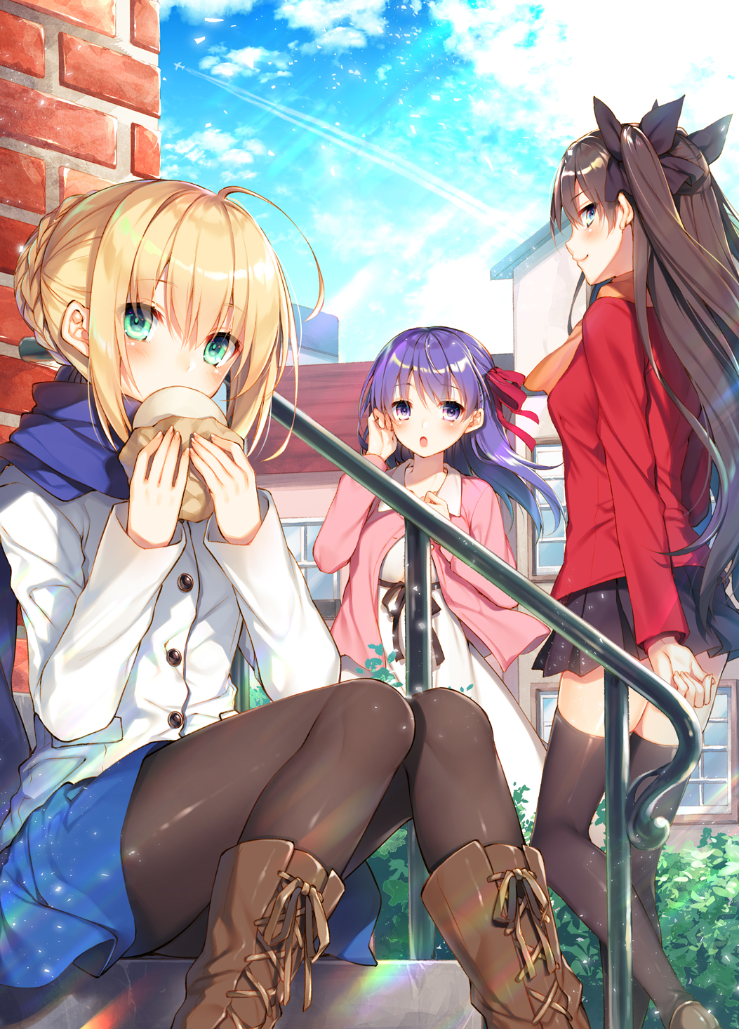 :o ahoge arm_at_side artoria_pendragon_(all) bangs black_bow black_hair black_legwear black_skirt blue_eyes blue_scarf blue_skirt blush boots bow braid cardigan commentary_request condensation_trail day dress eating eyebrows_visible_through_hair fate/stay_night fate_(series) food french_braid green_eyes hair_bow hair_bun hair_ribbon hand_in_hair hand_up highres holding holding_food knee_boots knees_together_feet_apart light_rays long_hair looking_at_viewer matou_sakura miniskirt multiple_girls open_cardigan open_clothes outdoors pantyhose pleated_skirt purple_eyes purple_hair purple_ribbon railing red_sweater ribbon saber scarf sidelocks sitting skirt stairs standing sunbeam sunlight sweater thighhighs toosaka_asagi toosaka_rin two_side_up white_dress wind wind_lift zettai_ryouiki