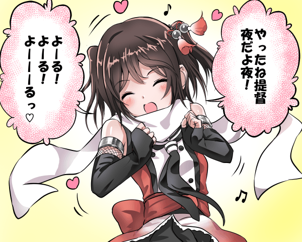 ^_^ ^o^ beamed_eighth_notes black_gloves black_neckwear blush brown_hair closed_eyes commentary_request double-breasted eighth_note elbow_gloves eyebrows_visible_through_hair facing_viewer fingerless_gloves frills gloves gradient gradient_background hair_ornament hairpin happy heart kantai_collection musical_note neckerchief open_mouth remodel_(kantai_collection) sash scarf school_uniform sendai_(kantai_collection) serafuku shiny shiny_hair short_hair sleeveless smile solo speech_bubble tassel tooi_aoiro translation_request two_side_up upper_body white_scarf