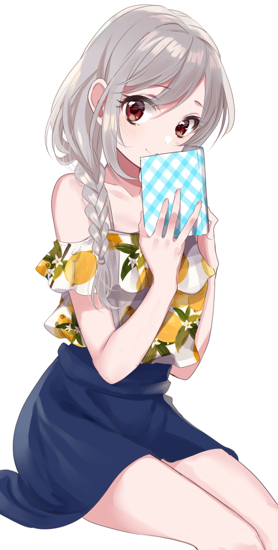 alternate_hairstyle bangs bare_shoulders blouse blue_skirt blush book braid brown_eyes closed_mouth eyebrows_visible_through_hair hair_over_shoulder holding holding_book idolmaster idolmaster_cinderella_girls kanzaki_ranko legs_together lemon_print long_hair looking_at_viewer miniskirt misumi_(macaroni) off_shoulder open_book side_braid silver_hair simple_background skirt smile solo thighs white_background