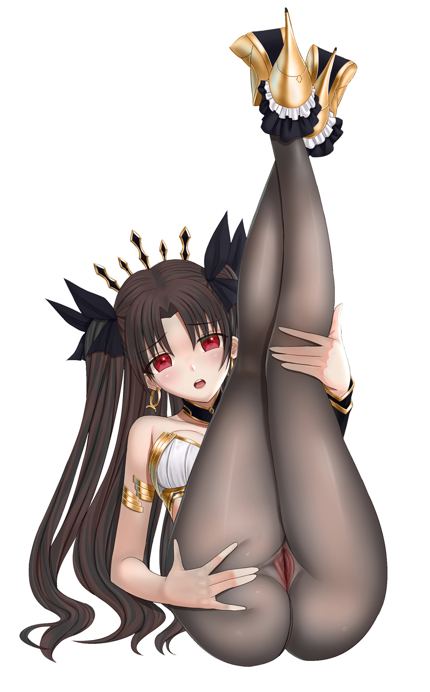 arisku armlet ass bangs bare_shoulders black_legwear black_ribbon blush breasts brown_hair chestnut_mouth collar crotch_seam earrings eyebrows_visible_through_hair fate/grand_order fate_(series) folded frills full_body hair_ribbon high_heels highres hoop_earrings ishtar_(fate/grand_order) jewelry legs_together legs_up long_hair long_legs looking_at_viewer lying medium_breasts no_panties on_back pantyhose parted_bangs pussy red_eyes ribbon round_teeth shiny shiny_clothes solo spread_pussy spread_pussy_under_clothes tareme teeth two_side_up yellow_footwear