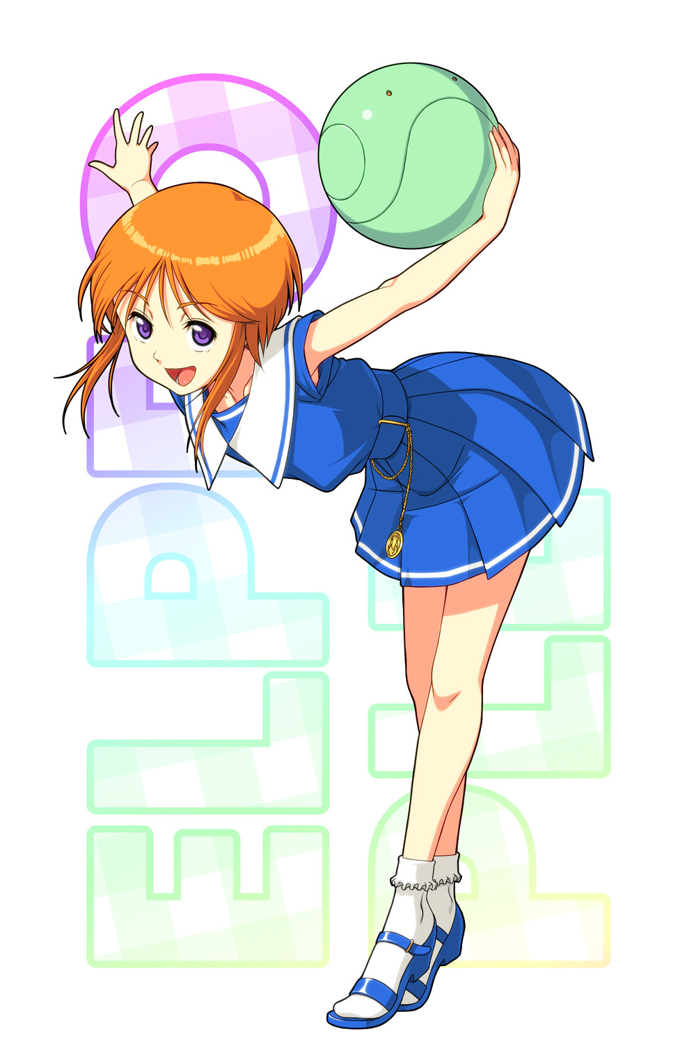 bobby_socks bow character_name collarbone commentary_request dress elpeo_puru exit_nothing full_body gundam gundam_zz haro highres looking_at_viewer open_mouth open_toe_shoes orange_hair outstretched_arms pocket_watch purple_eyes sailor_dress short_hair sidelocks socks standing watch