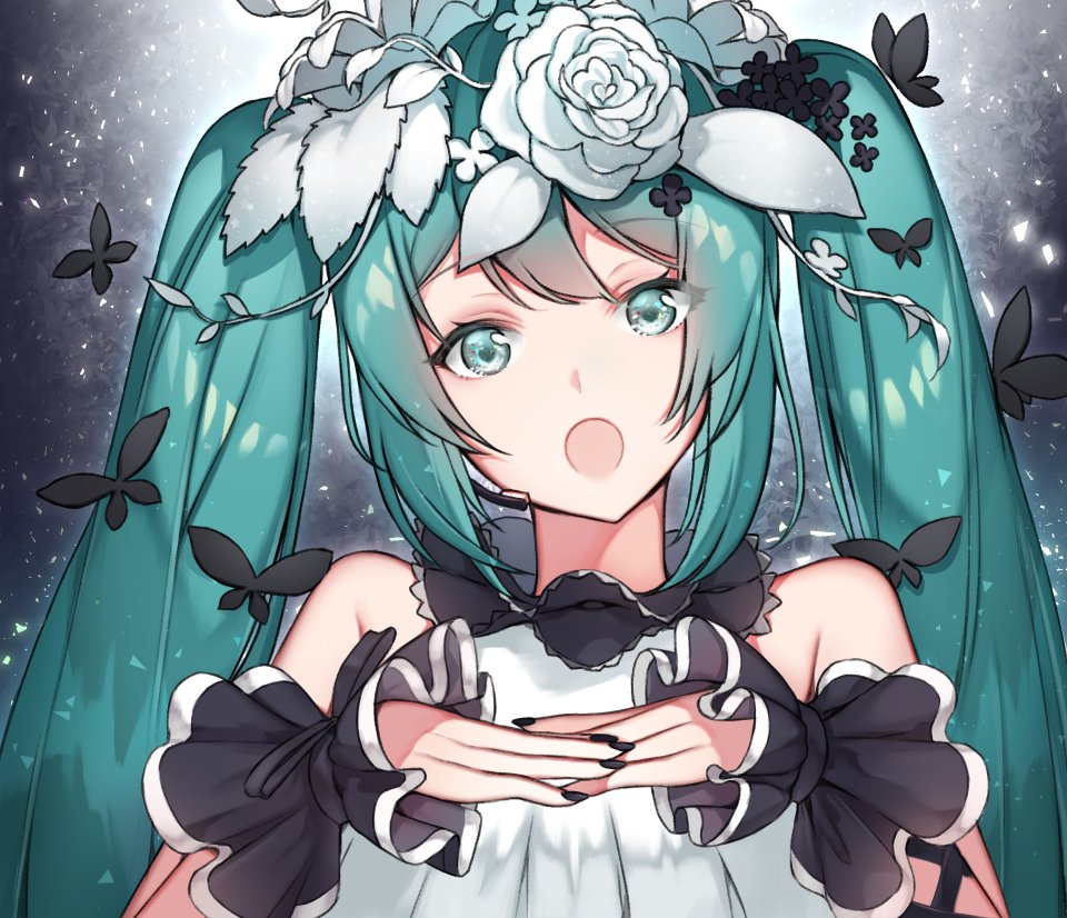:o alternate_color alternate_costume aqua_eyes aqua_hair backlighting bangs bare_shoulders black_nails bless_you_(module) blush bug butterfly eyebrows_visible_through_hair flower gradient gradient_background green_eyes green_hair hair_flower hair_ornament hatsune_miku headset hoshi_usagi insect leaf light_particles long_hair looking_at_viewer nail_polish nisoku_hokou_(vocaloid) open_mouth project_diva_(series) rose shiny shiny_hair sleeveless solo twintails upper_body very_long_hair vocaloid white_flower white_rose wrist_cuffs