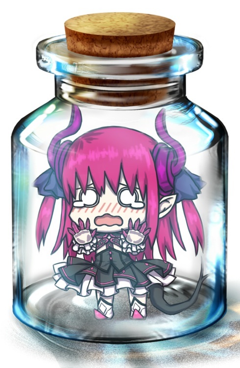 1girl bottle chibi crying dragon_girl dress fate/extra_ccc fate/grand_order fate_(series) horns lancer_(fate/extra_ccc) long_hair pink_hair pointy_ears stuck tail