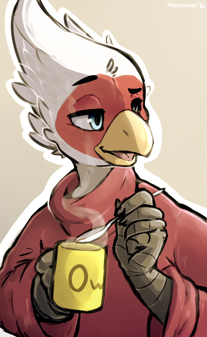 2016 anthro avian beak beverage bird blue_eyes bust_portrait clothed clothing coffee cup english_text feathers holding_cup open_beak open_mouth owo portrait raised_eyebrow simple_background solo spoon steam sweater text turtle_neck white_feather yellow_beak zereno