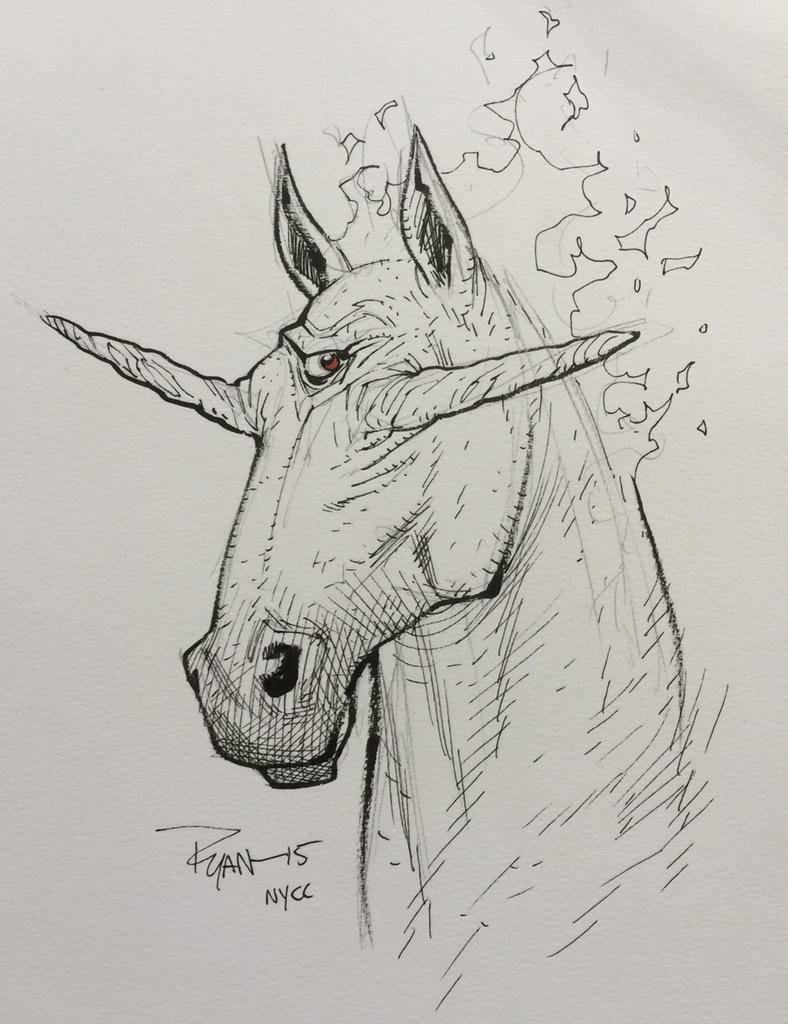 2015 ambiguous_gender angry bicornaclops equine headshot_portrait horn looking_at_viewer mammal monochrome pen_(artwork) portrait ryan_ottley signature simple_background solo traditional_media_(artwork)