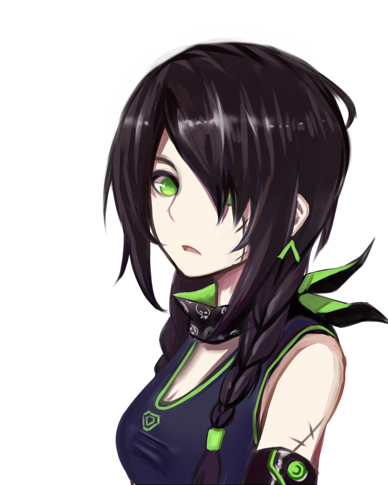 bangs black_hair braid breasts chengche_zhi_bing cleavage commentary_request elbow_gloves from_side girls_frontline gloves green_eyes green_ribbon hair_over_one_eye hair_ribbon long_hair looking_at_viewer mac-10_(girls_frontline) midriff open_mouth ribbon scar shoes shorts sidelocks skull_print solo stitches tank_top twin_braids white_background