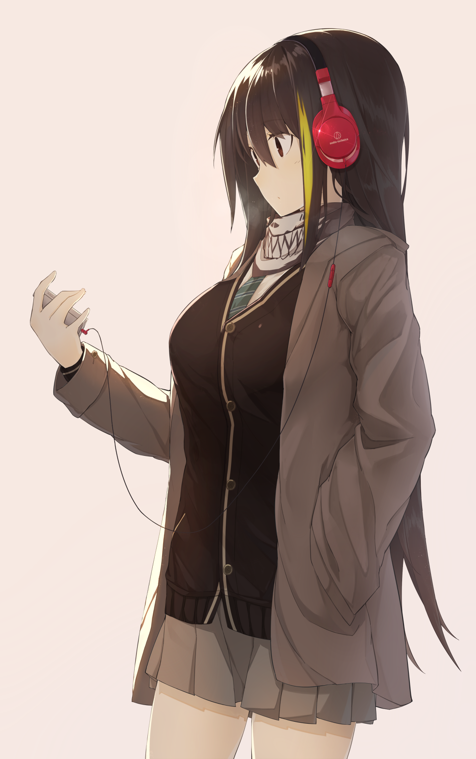 black_hair blonde_hair breasts brown_background brown_jacket cable cardigan cellphone closed_mouth cosplay cowboy_shot expressionless eyebrows_visible_through_hair from_side girls_frontline glint green_neckwear grey_skirt hand_in_pocket headphones highres idolmaster idolmaster_cinderella_girls jacket kerchief long_hair long_sleeves looking_at_phone m4a1_(girls_frontline) mag_(mag42) medium_breasts miniskirt multicolored_hair necktie open_clothes open_jacket phone pleated_skirt profile red_eyes school_uniform shibuya_rin shibuya_rin_(cosplay) simple_background skirt smartphone solo standing streaked_hair striped striped_neckwear tareme very_long_hair