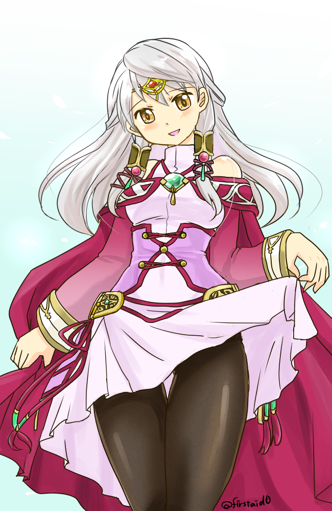 :d bare_shoulders black_legwear blush breasts cape circlet covered_navel detached_sleeves dress fire_emblem fire_emblem:_akatsuki_no_megami hair_tubes half_updo jewelry long_hair long_sleeves micaiah open_mouth pantyhose silver_hair simple_background skirt_hold smile solo twitter_username yellow_eyes yukia_(firstaid0)