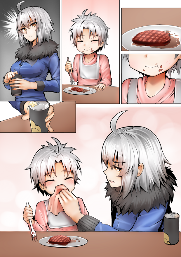 1girl ^_^ ahoge bib blush can cleaning closed_eyes comic commentary eating fate/grand_order fate_(series) food food_on_face fork fur_collar ginhaha hamburger_steak handkerchief holding jeanne_d'arc_(alter)_(fate) jeanne_d'arc_(fate)_(all) mother_and_son short_hair silent_comic silver_hair smile wicked_dragon_witch_ver._shinjuku_1999 yellow_eyes