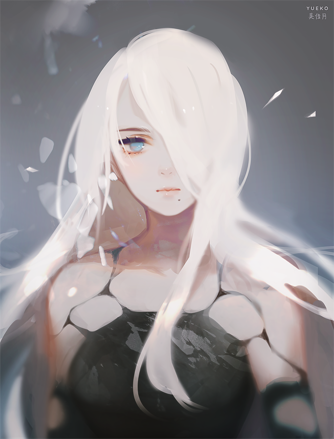 black_dress blue_eyes closed_mouth dress eyelashes hair_over_one_eye jiayue_wu long_hair looking_at_viewer mole mole_under_mouth nier_(series) nier_automata no_pupils pink_lips solo white_hair yorha_type_a_no._2