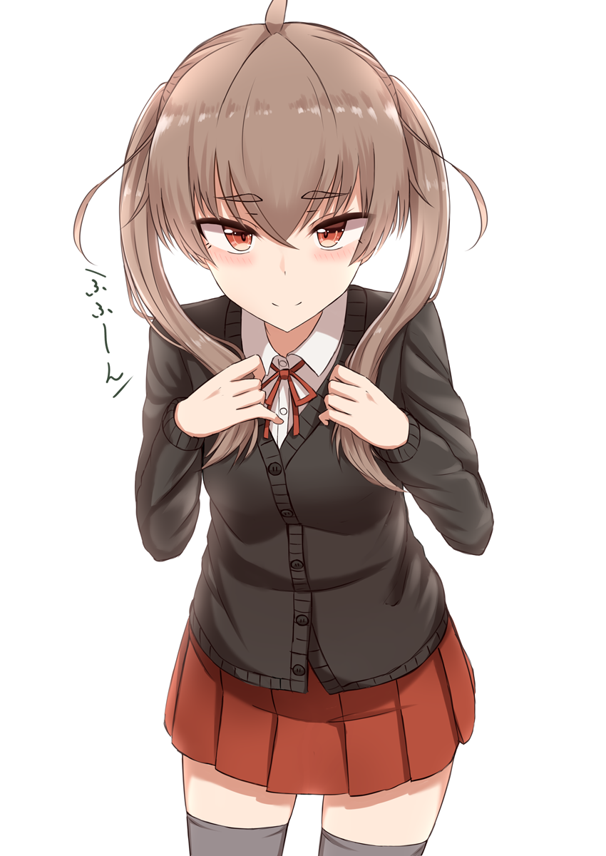 ahoge bangs black_legwear blush brown_eyes brown_hair cardigan closed_mouth collared_shirt eyebrows_visible_through_hair grey_hair hair_between_eyes hands_up highres light_smile looking_at_viewer md5_mismatch miyako_(rabochicken) original pleated_skirt rabochicken red_skirt revision school_uniform shirt simple_background skirt smile solo thick_eyebrows thighhighs twintails white_background white_shirt