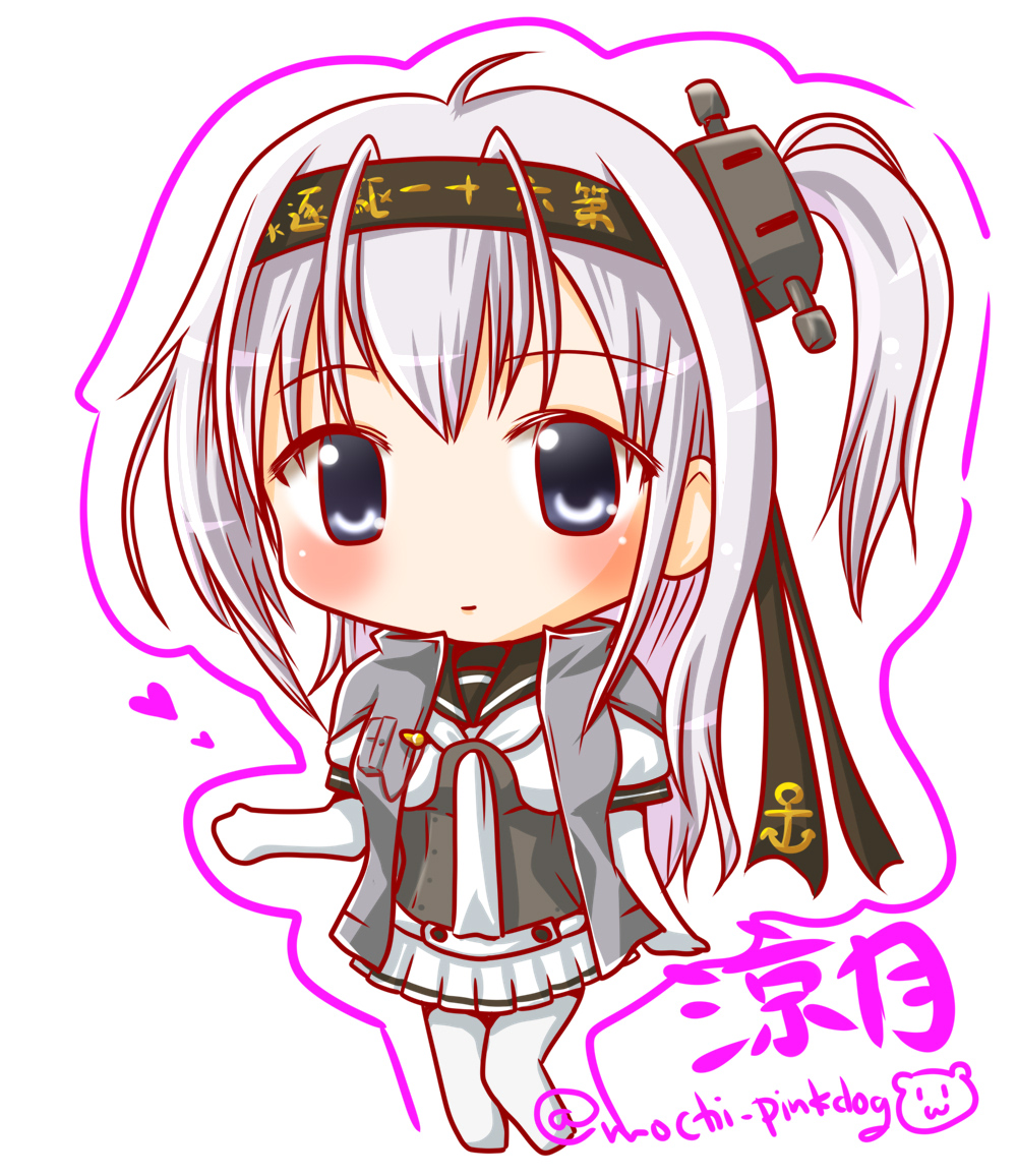 bodysuit chibi commentary_request dress hachimaki headband jacket kantai_collection long_hair looking_at_viewer miniskirt mochimako one_side_up pleated_dress school_uniform serafuku silver_eyes silver_hair simple_background skirt smile solo suzutsuki_(kantai_collection) translation_request twitter_username white_background white_bodysuit