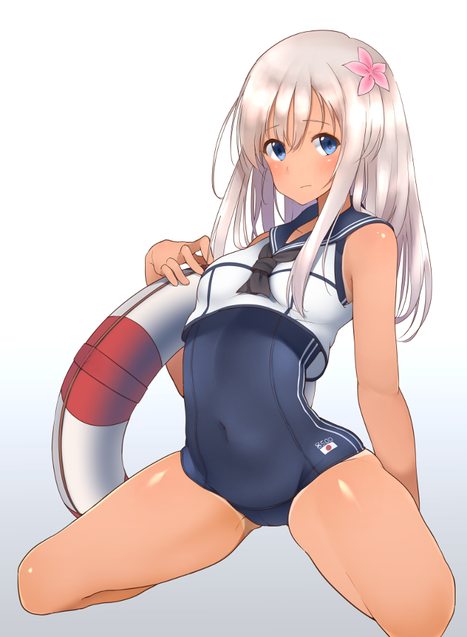 blue_eyes commentary_request flower hair_flower hair_ornament hechi_(hechi322) kantai_collection lifebuoy long_hair looking_at_viewer one-piece_swimsuit ro-500_(kantai_collection) school_swimsuit school_uniform serafuku silver_hair simple_background sitting solo swimsuit swimsuit_under_clothes tan tanline thighs wariza