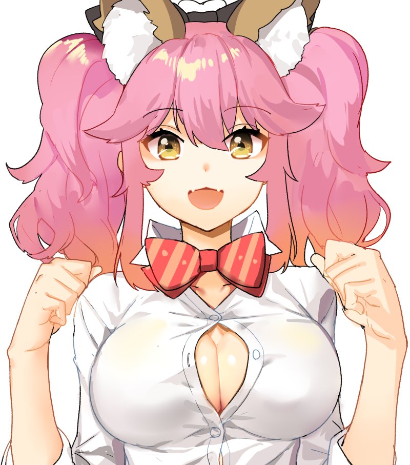 :d animal_ears bow bowtie breasts bursting_breasts button_gap cleavage commentary_request eyebrows_visible_through_hair fangs fate/extra fate/extra_ccc fate_(series) fox_ears hair_bow large_breasts looking_at_viewer open_mouth pink_hair shovelwell sidelocks simple_background smile solo tamamo_(fate)_(all) tamamo_jk_(fate) twintails upper_body white_background yellow_eyes