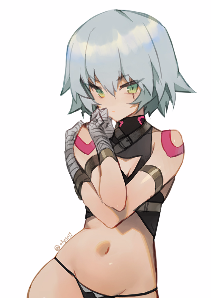 armband bandaged_arm bandages bangs black_panties blush breasts closed_mouth contrapposto eyebrows_visible_through_hair fate/apocrypha fate_(series) grey_hair hair_between_eyes halter_top halterneck hands_up jack_the_ripper_(fate/apocrypha) looking_at_viewer navel olys panties scar scar_across_eye short_hair silver_hair simple_background small_breasts solo standing tsurime underwear upper_body white_background