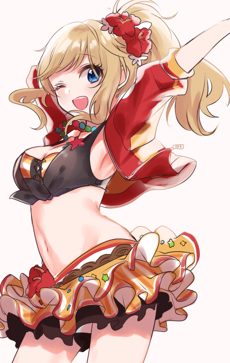 ;d arched_back arms_up bangs blonde_hair blue_eyes blush breasts cleavage cropped_jacket eyebrows_visible_through_hair flower hair_flower hair_ornament hibiscus highres idolmaster idolmaster_cinderella_girls idolmaster_cinderella_girls_starlight_stage jacket legs_apart long_hair looking_at_viewer medium_breasts midriff miniskirt misumi_(macaroni) navel one_eye_closed ootsuki_yui open_clothes open_jacket open_mouth side_ponytail sidelocks simple_background skirt smile solo swept_bangs teeth wavy_hair white_background yellow_skirt