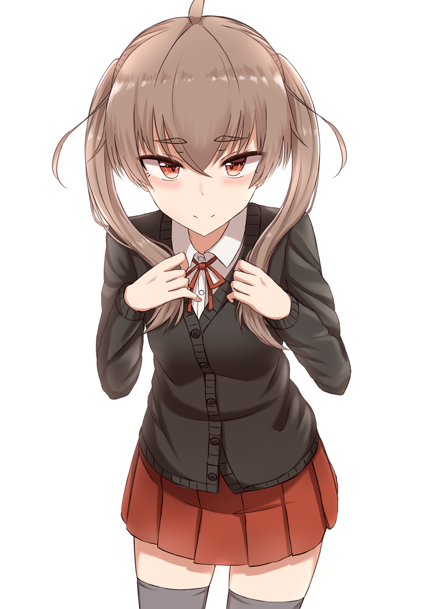 ahoge bangs black_legwear blush brown_eyes brown_hair cardigan closed_mouth collared_shirt commentary_request eyebrows_visible_through_hair grey_hair hair_between_eyes hands_up highres light_smile looking_at_viewer md5_mismatch miyako_(rabochicken) original pleated_skirt rabochicken red_skirt school_uniform shirt simple_background skirt smile solo thick_eyebrows thighhighs twintails white_background white_shirt