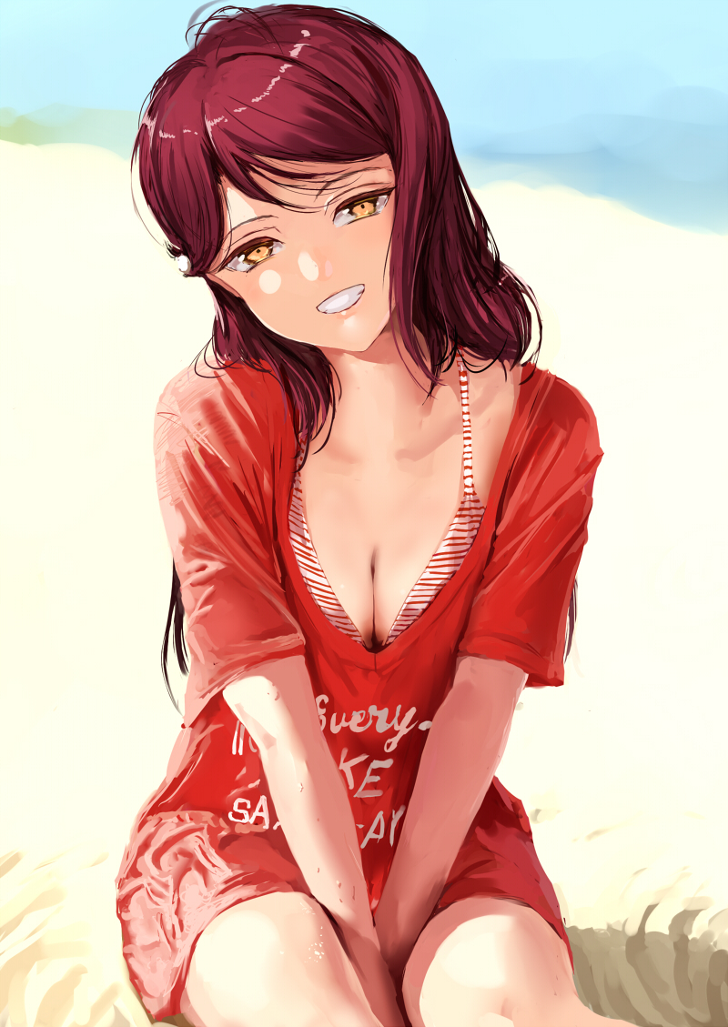 :d aida_rikako bangs bare_shoulders beach between_legs bikini bikini_top bikini_under_clothes blush breasts cleavage clothes_writing collarbone day grin half-closed_eyes hand_between_legs head_tilt jyon long_hair looking_at_viewer love_live! love_live!_sunshine!! medium_breasts no_pants open_mouth outdoors own_hands_together photo-referenced red_hair red_shirt sakurauchi_riko sand seiyuu_connection shirt short_sleeves sitting smile solo striped striped_bikini swept_bangs swimsuit teeth v_arms yellow_eyes
