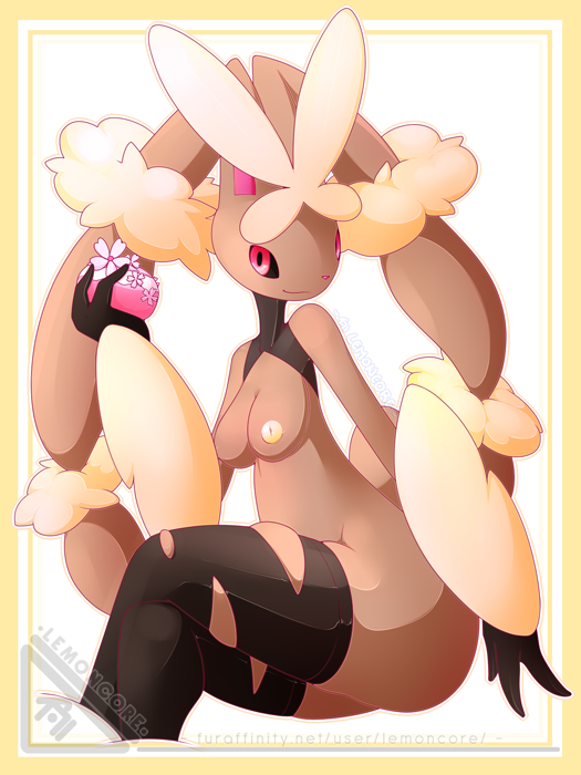 1girl artist_name black_legwear black_sclera border breasts female flower furry hand_up holding inverted_nipples legs_crossed lemoncore looking_at_viewer lopunny medium_breasts mega_lopunny mega_pokemon nipples no_humans nude pink_eyes pink_flower pokemon pokemon_(creature) pokemon_dppt signature simple_background sitting skindentation smile solo text thighhighs torn_clothes torn_legwear watermark web_address white_background yellow_border
