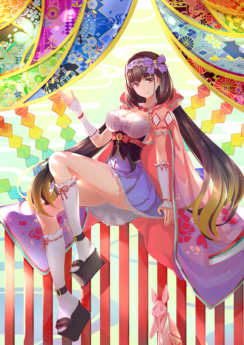 asanogawa_(tutufcc) black_hair breasts brown_hair bunny fate/grand_order fate_(series) full_body gloves gradient_hair highres hood hoodie large_breasts long_hair looking_at_viewer low_twintails multicolored_hair origami osakabe-hime_(fate/grand_order) purple_eyes purple_skirt sitting skirt smile solo twintails very_long_hair