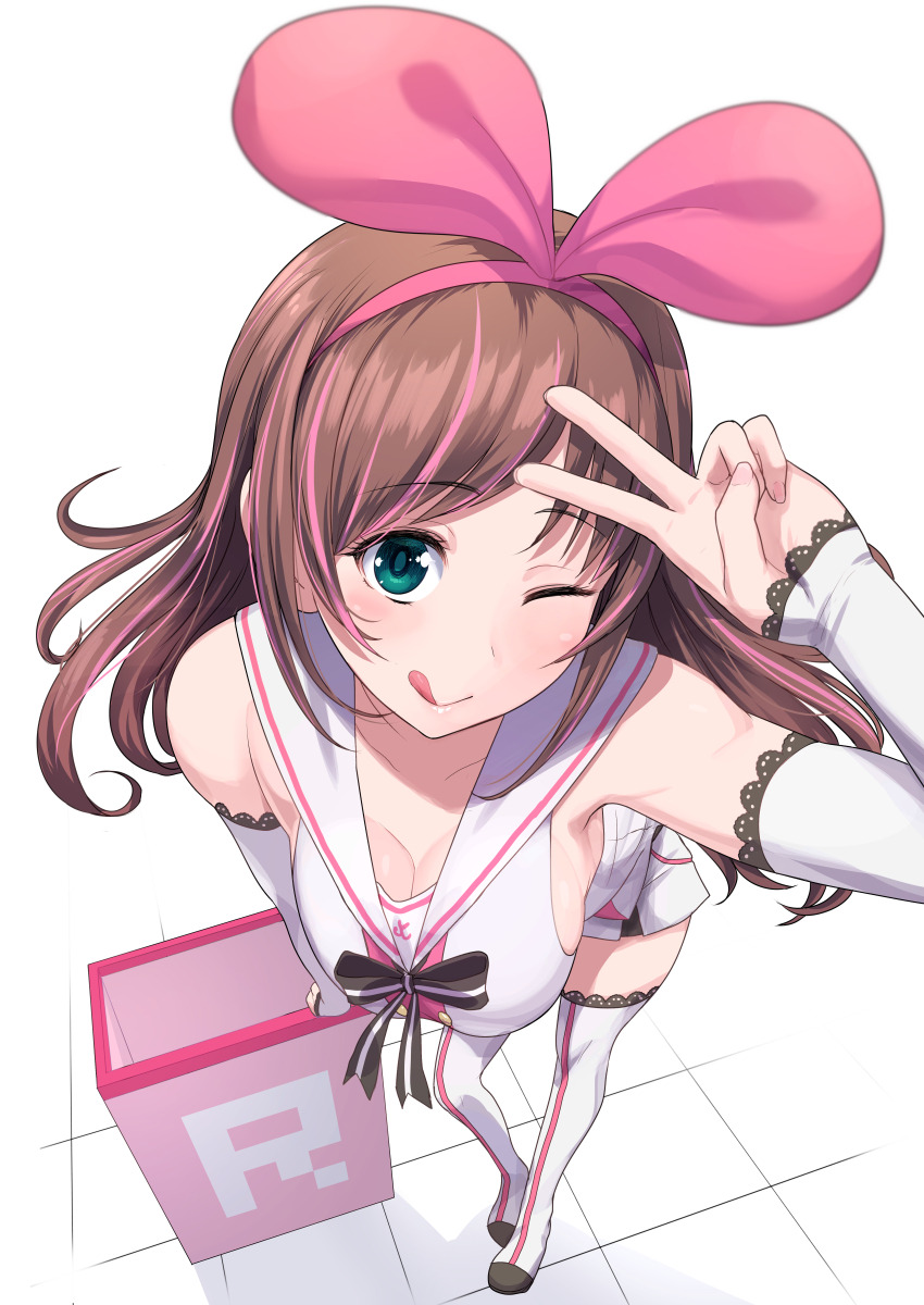 a.i._channel bad_perspective bow breasts brown_hair cleavage commentary_request from_above gloves green_eyes hair_bow hairband highres kizuna_ai large_breasts licking_lips long_hair looking_at_viewer miyamoto_issa multicolored_hair one_eye_closed pink_bow pink_hair sailor_collar skirt smile solo streaked_hair thighhighs tongue tongue_out v white_gloves white_legwear white_skirt