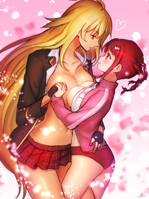 2girls blonde_hair bloomers blush breasts buruma cleavage couple eye_contact gold_eyes hand_holding happy heart interlocked_fingers large_breasts long_hair looking_at_another medium_breasts multiple_girls pigtails pink_background pink_eyes pink_hair shikishima_mirei shirt skirt smile symmetrical_docking thighs tokonome_mamori valkyrie_drive valkyrie_drive_-mermaid- very_long_hair yuri