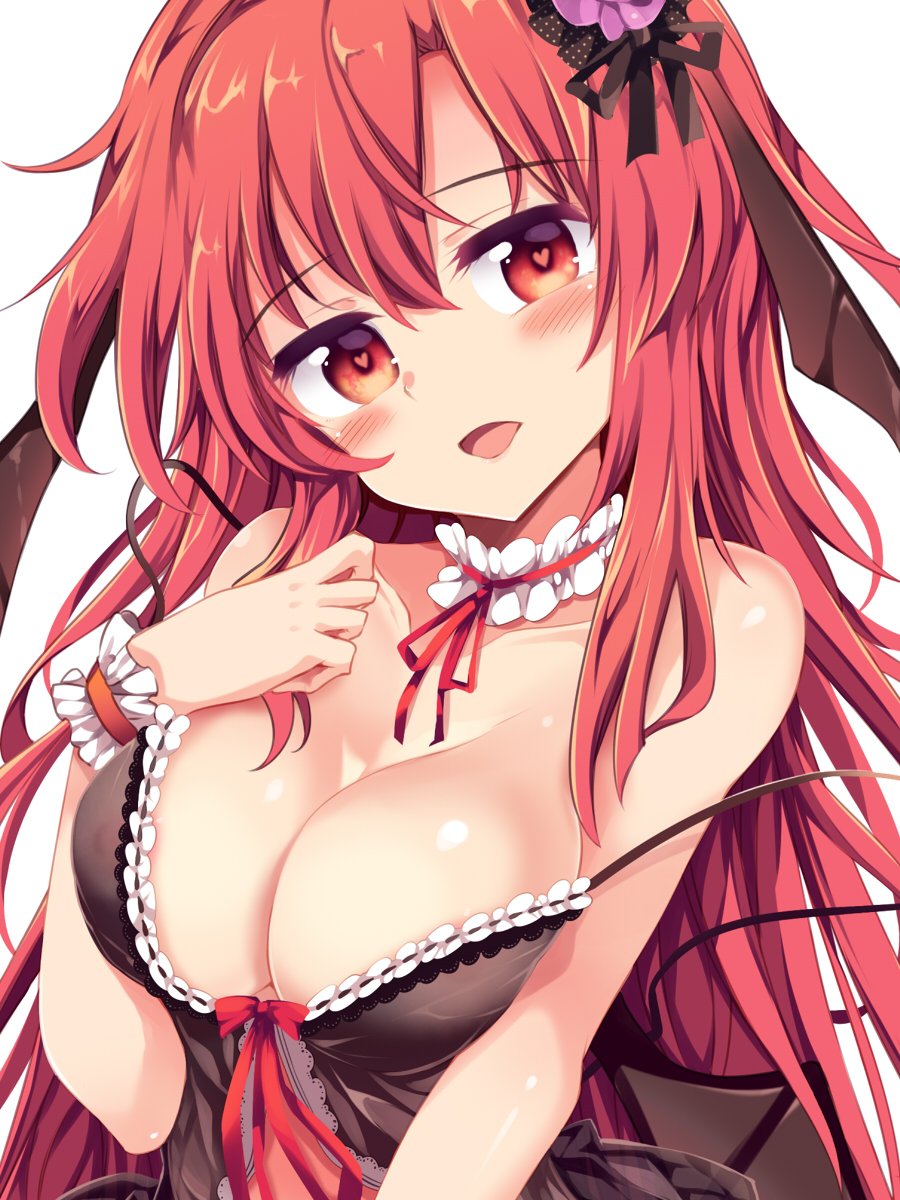:d babydoll bare_shoulders black_babydoll blush breasts cleavage commentary_request detached_collar front-tie_top hair_ornament head_tilt heart heart-shaped_pupils highres koakuma large_breasts long_hair looking_at_viewer maturiuta_sorato nipples open_mouth red_eyes red_headband sidelocks simple_background smile solo strap_slip symbol-shaped_pupils touhou upper_body white_background wrist_cuffs