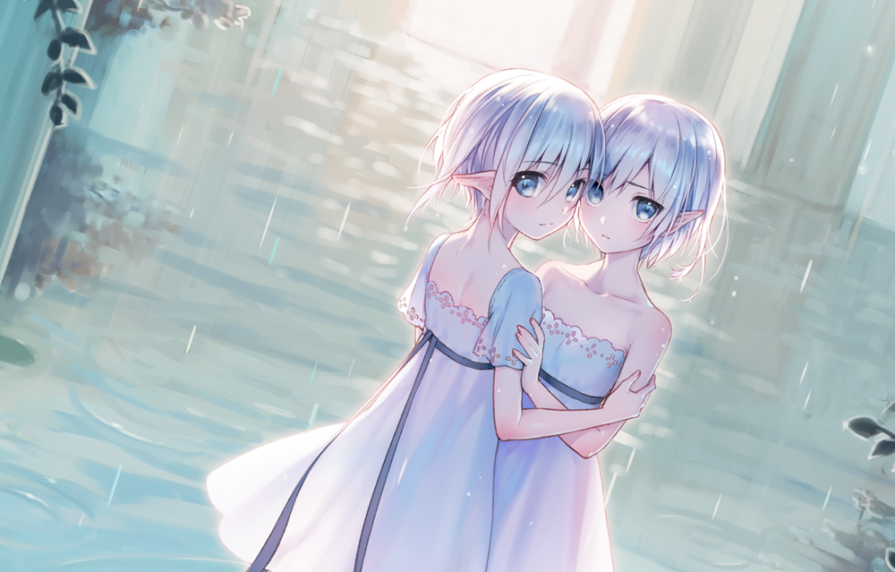 bangs bare_arms bare_shoulders blue_eyes blush closed_mouth collarbone dress dutch_angle eyebrows_visible_through_hair hair_between_eyes hand_on_another's_arm looking_at_viewer looking_back multiple_girls nekokan_masshigura original pointy_ears rain short_hair short_sleeves silver_hair strapless strapless_dress water white_dress