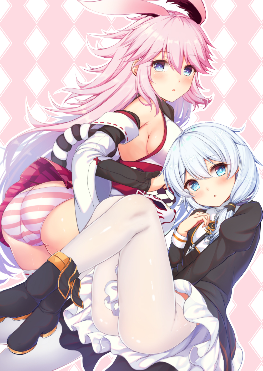 :o animal_ears ankle_boots argyle argyle_background ass bad_id bad_pixiv_id bare_shoulders benghuai_xueyuan bent_over black_dress black_footwear blue_eyes blush boots breasts bright_pupils bunny_ears cameltoe crossed_ankles detached_sleeves dress fox_mask hair_over_shoulder hand_on_own_chest head_tilt highres juliet_sleeves legs_up long_hair long_sleeves looking_at_viewer looking_to_the_side low_ponytail mask medium_breasts miniskirt multiple_girls no_panties panties pantyhose parted_lips petticoat pink_hair pink_panties plaid plaid_skirt puffy_sleeves qunqing ribbon-trimmed_legwear ribbon_trim shiny shiny_clothes shiny_hair sideboob silver_hair skirt striped striped_panties tareme theresa_apocalypse trefoil underwear upskirt very_long_hair white_legwear yae_sakura_(benghuai_xueyuan)