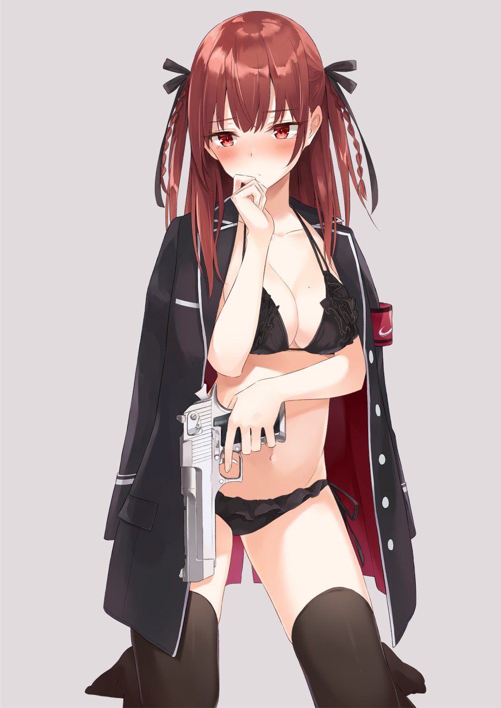 armband azuuru bangs black_bra black_coat black_legwear black_panties black_ribbon blush bra braid breasts closed_mouth coat collarbone commentary_request desert_eagle eyebrows_visible_through_hair finger_on_trigger frilled_bra frilled_panties frills grey_background gun hair_between_eyes hair_ribbon hand_on_own_chin hand_up handgun highres holding holding_weapon jacket_on_shoulders long_hair looking_away medium_breasts military military_uniform mole mole_on_breast navel no_shoes open_clothes original panties pistol red_eyes red_hair ribbon side-tie_panties solo tearing_up thighhighs two_side_up underwear uniform weapon