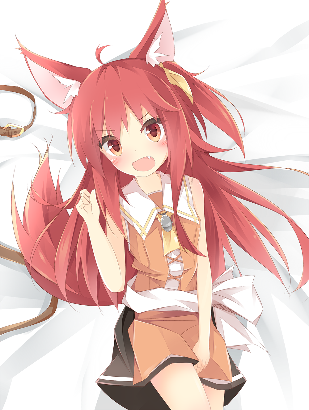 :d ahoge animal_ears ascot bangs bare_arms bed_sheet belt belt_buckle belt_removed black_skirt blush bow brown_belt brown_dress buckle commentary_request dress eyebrows_visible_through_hair fang fox_ears fox_girl fox_tail hair_ribbon hand_up highres kushida_you long_hair lying on_back one_side_up open_mouth original red_eyes red_hair ribbon sailor_dress skirt sleeveless sleeveless_dress smile solo tail v-shaped_eyebrows very_long_hair white_bow yellow_neckwear yellow_ribbon