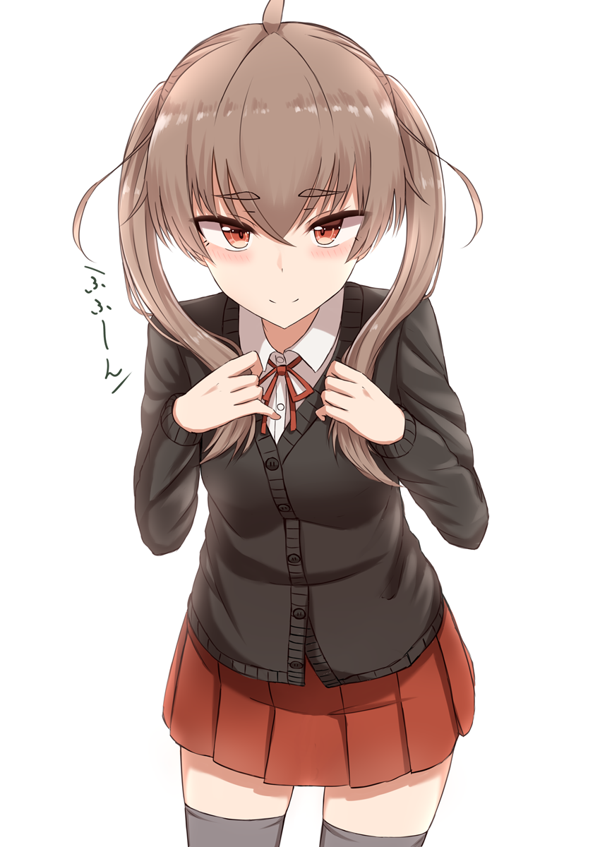 ahoge bangs black_legwear blush brown_eyes brown_hair cardigan closed_mouth collared_shirt commentary_request eyebrows_visible_through_hair grey_hair hair_between_eyes hands_up highres light_smile looking_at_viewer miyako_(rabochicken) original pleated_skirt rabochicken red_skirt revision school_uniform shirt simple_background skirt smile solo thick_eyebrows thighhighs twintails white_background white_shirt