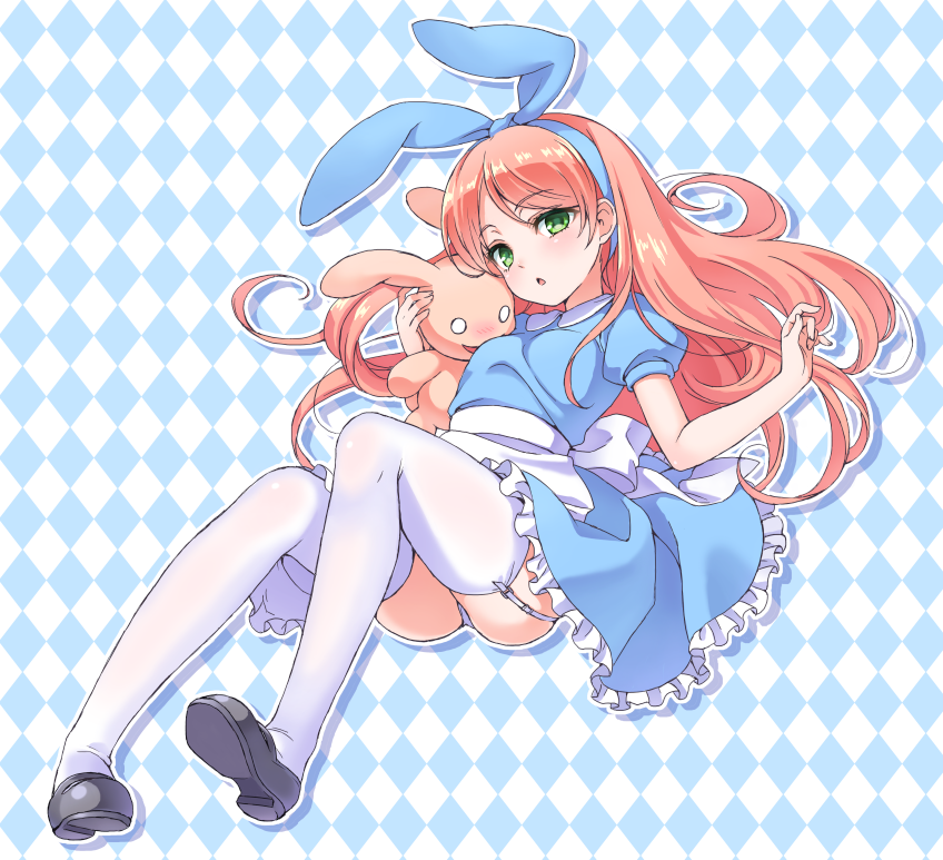 :d :o alicia_(pop'n_music) apron argyle argyle_background ass black_footwear blue_dress blush bow breasts chestnut_mouth collared_dress commentary curly_hair dress drop_shadow eyebrows_visible_through_hair frilled_dress frills garter_straps green_eyes grin hair_bow hand_up holding holding_stuffed_animal long_hair looking_at_breasts looking_at_viewer mary_janes nose_blush o_o open_mouth outline outstretched_arm panties pantyshot pink_hair pop'n_music shoes shouni_(sato3) simple_background small_breasts smile solo stuffed_animal stuffed_bunny stuffed_toy underwear white_apron white_legwear white_panties