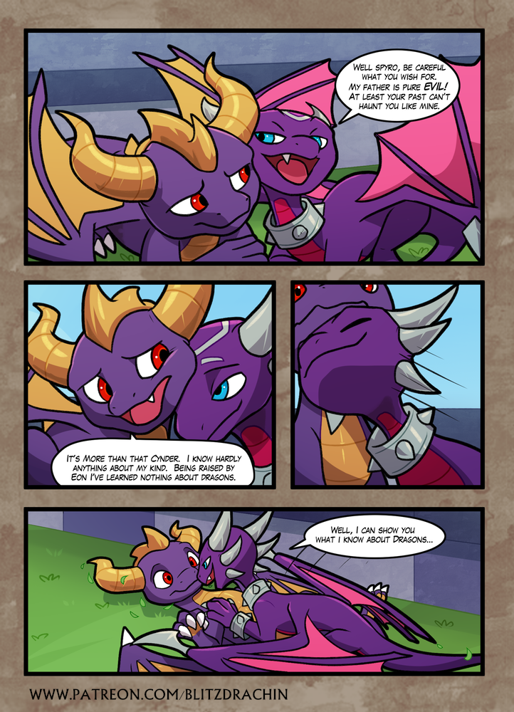 blitzdrachin comic cuddling cute cynder dialogue dragon female feral lying male male/female patreon skylanders skylanders_academy spyro spyro_the_dragon video_games wings