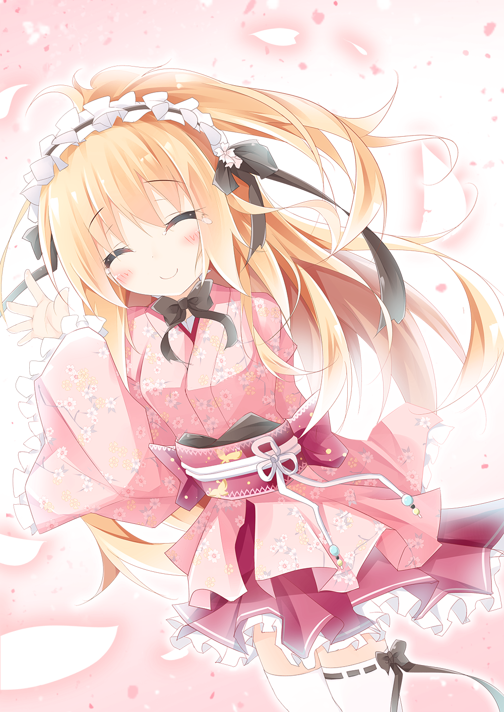 ^_^ arm_up black_bow black_neckwear black_ribbon blonde_hair blush bow bowtie closed_eyes closed_mouth commentary_request facing_viewer floral_print frilled_skirt frilled_sleeves frills gradient gradient_background hair_ribbon hairband hatsuyuki_sakura highres japanese_clothes kimono kushida_you lolita_hairband long_hair long_sleeves obi petals pink_background pink_kimono pink_skirt print_kimono ran_(hatsuyuki_sakura) ribbon ribbon-trimmed_legwear ribbon_trim sash short_kimono skirt smile solo tears thighhighs very_long_hair waving white_background white_legwear wide_sleeves