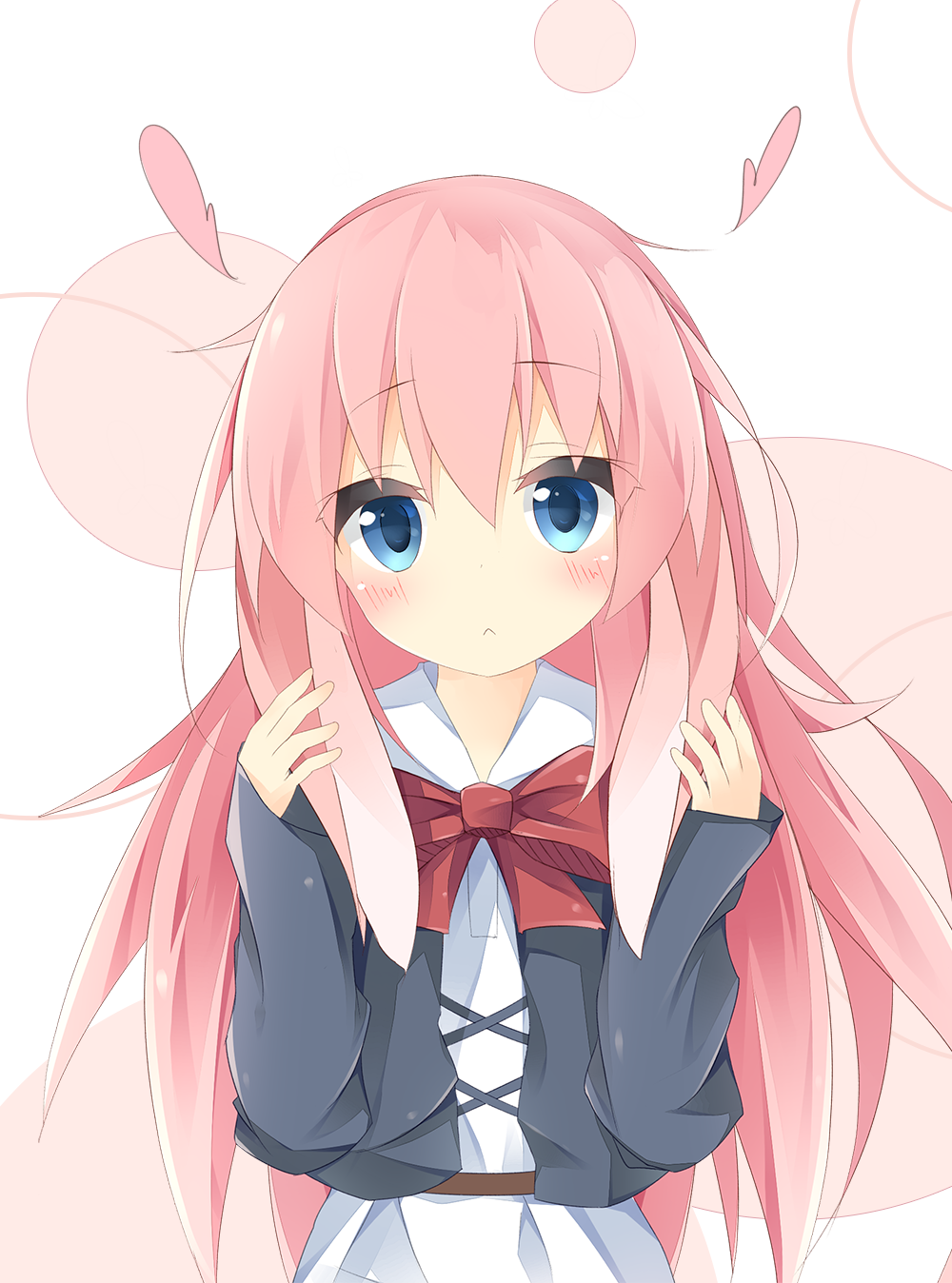:&lt; animal_ears bangs blue_eyes blue_jacket blush bow bowtie bunny_ears closed_mouth commentary dress ears_down eyebrows_visible_through_hair hair_between_eyes head_tilt heart highres jacket kushida_you long_hair long_sleeves looking_at_viewer original pink_hair red_neckwear sleeves_past_wrists solo upper_body very_long_hair white_background white_dress