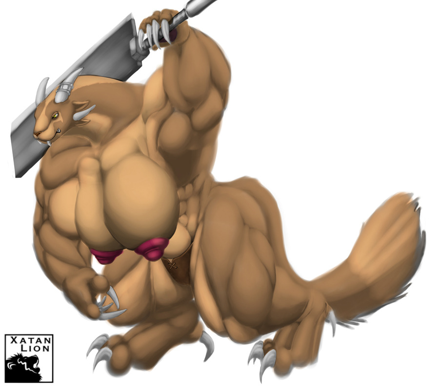 big_breasts big_claws big_muscles big_nipples breasts charr claws feline female guild_wars horn leather long_neck mammal melee_weapon muscular nipples sword thick_thighs video_games weapon xatanlion