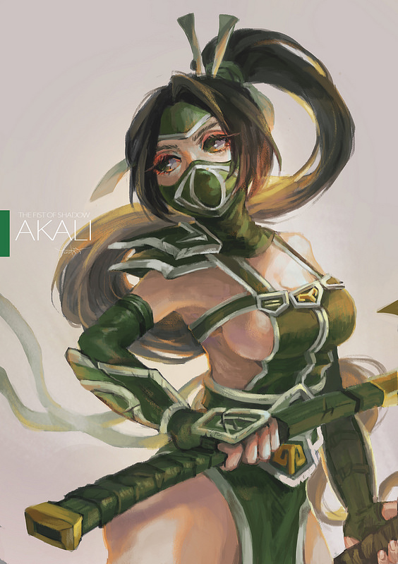 akali arm_guards armor asymmetrical_armor bangs breasts brown_hair character_name chinese_clothes cleavage commentary cowboy_shot dual_wielding elbow_gloves english eyelashes eyeliner face_mask fingerless_gloves forehead_protector gloves green_armor green_eyes grey_background hair_ornament hair_ribbon high_ponytail holding holding_weapon jpeg_artifacts kama_(weapon) large_breasts league_of_legends long_hair looking_away looking_to_the_side makeup mask paint_(medium) parted_bangs ribbon shoulder_guard sickle sideboob solo weapon wrist_guards youlu