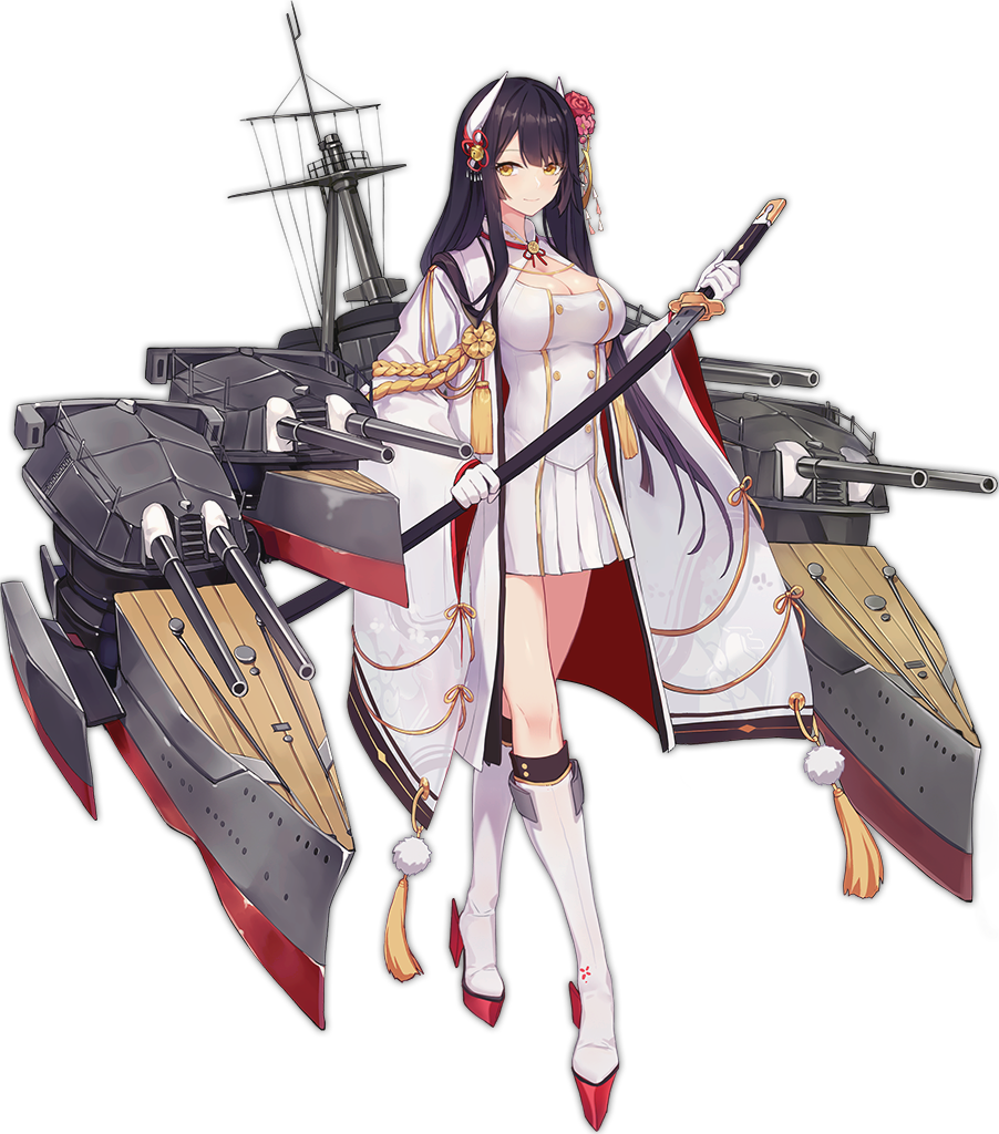aiguillette azur_lane bangs bell black_hair breasts buttons cleavage cleavage_cutout closed_mouth criin crossed_legs eyebrows eyebrows_visible_through_hair eyes_visible_through_hair flower full_body gloves hair_bell hair_flower hair_ornament hiei_(azur_lane) holding holding_sword holding_weapon horns jingle_bell katana kneehighs large_breasts long_hair long_sleeves looking_away looking_to_the_side machinery miniskirt official_art pleated_skirt pom_pom_(clothes) red_flower red_footwear red_rose rose sakuramon sheath sheathed shirt skirt smile solo standing straight_hair swept_bangs sword tachi-e tassel transparent_background turret watson_cross weapon white_gloves white_legwear white_shirt white_skirt wide_sleeves yellow_eyes
