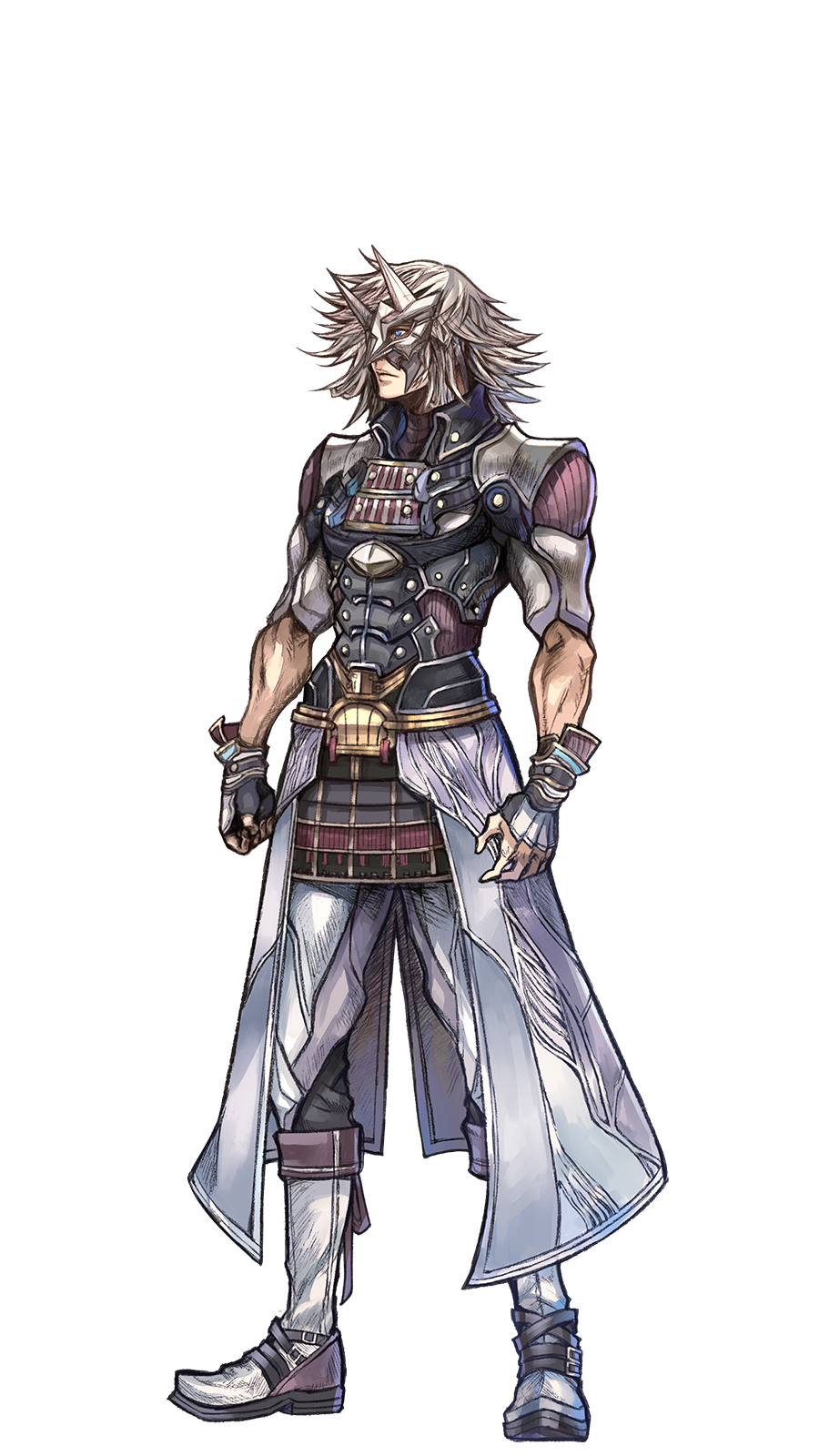 armor belt full_body gloves highres male_focus mask nomura_tetsuya official_art shin_(xenoblade) solo transparent_background white_hair xenoblade_(series) xenoblade_2