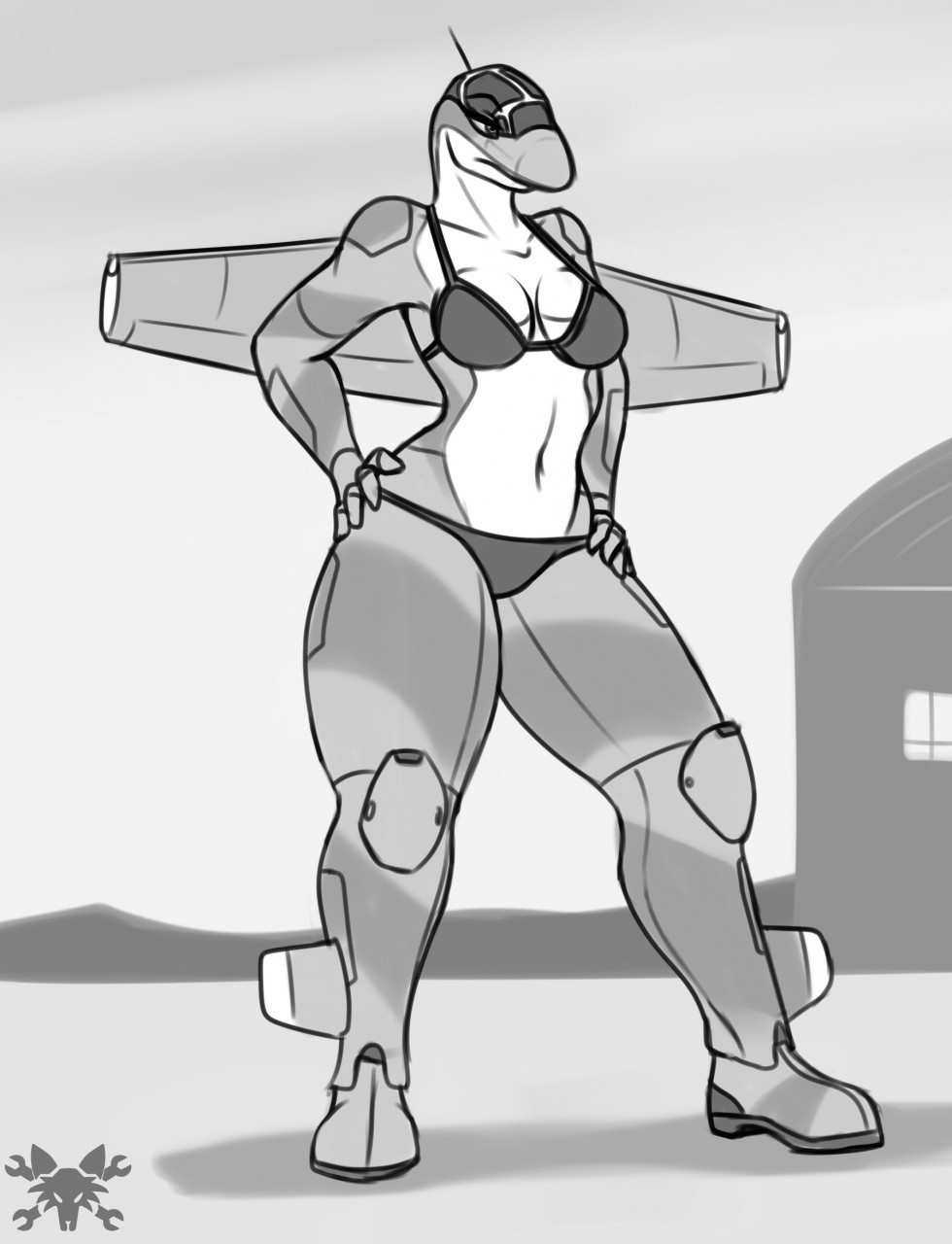 aircraft airplane anthro bikini breasts cleavage clothed clothing cute de_havilland_vampire female jet living_aircraft living_machine machine metalfoxxx monochrome small_(disambiguation) smol solo swimsuit unimpressed